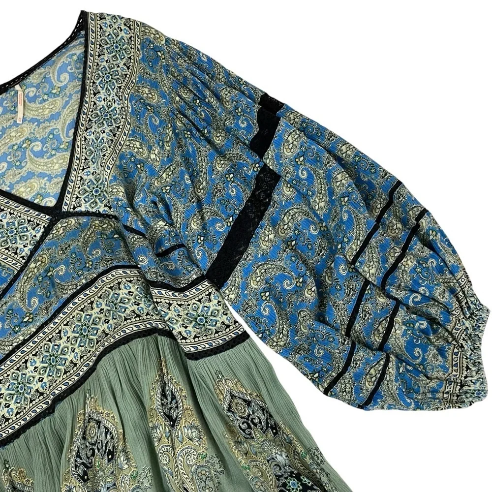 Free People Luna Scarf Print Tunic Ocean Blue Green